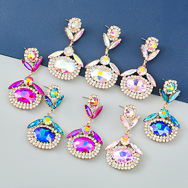 Fashionable Colorful Rhinestone Alloy Oval Glass Diamond Earrings for Women