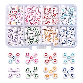400Pcs 8 Colors White Opaque Acrylic Beads, Flat Round with Heart & Flower & Moon & Star