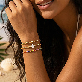 3шт. 3 стили круглых браслетов из латуни и стеклянного бисера на эластичной основе, крестик из натуральных ракушек для женщин