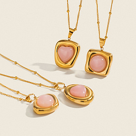 Dyed Natural Pink Quartz 304 Stainless Steel Geometric Pendant Necklaces for Women, Real 18K Gold Plated