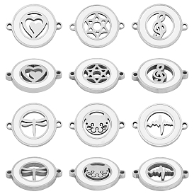 Unicraftale 12Pcs 6 Style 304 Stainless Steel Enamel Links Connectors, Laser Cut, Flat Round with Cat, Dragon, Heartbeat, Heart, Star of Devid, Musical Note