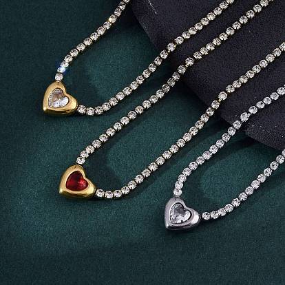 304 Женские ожерелья с подвеской в форме сердца из нержавеющей стали с кубическим цирконием, вакуумное покрытие pvd