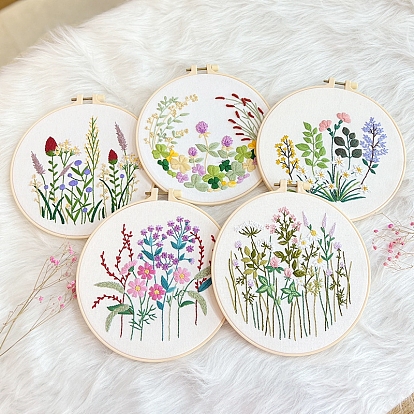 Flower Pattern DIY Embroidery Kits, Including Embroidery Cloth & Thread, Needle, Embroidery Hoop, Instruction Sheet