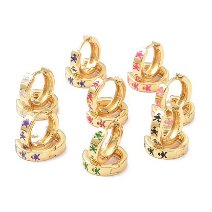 Brass Enamel Hoop Earrings, Real 18K Gold Plated, Ring with Skull, Cadmium Free & Lead Free
