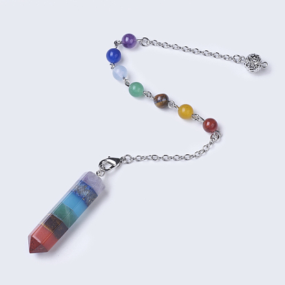 Chakra Jewelry, Natural Gemstone Pointed Dowsing Pendulums, with Brass Chains, Bullet