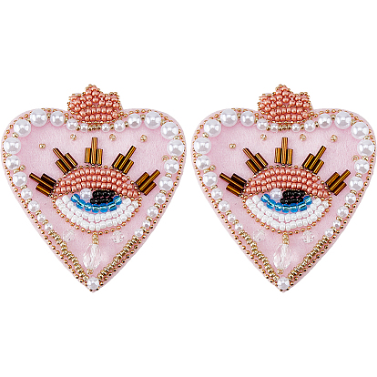 2Pcs Cloth Computerized Embroidery  Sew on Patches, Sequin Appliques, Costume Accessories, with Beads, Heart & Eye