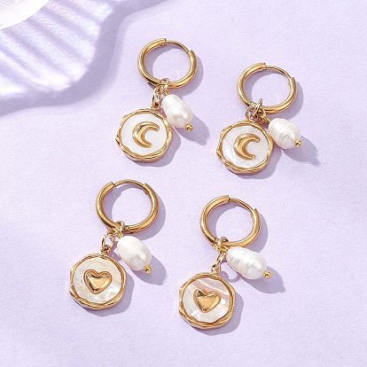 2 пары 2 стили 304 серьги-кольца из нержавеющей стали и натуральных ракушек, с 304 серьгами-кольцами из нержавеющей стали, Плоское круглое изображение с сердцем и луной, с имитацией жемчуга, золотые