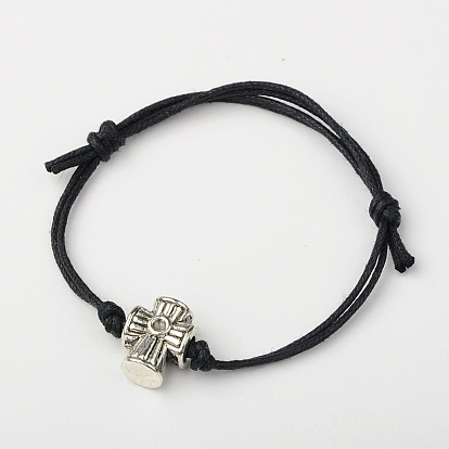 Waxed Cotton Cord Bracelets, with Tibetan Style Alloy Beads, Cross, Antique Silver, 40~77mm, Cross: 15x12x8mm