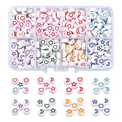 400Pcs 8 Colors White Opaque Acrylic Beads, Flat Round with Heart & Flower & Moon & Star