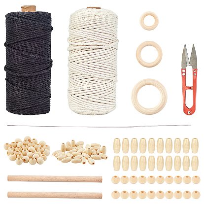 Kits de fabrication de sacs à main bricolage, inclure des fils de coton, perles en bois et anneaux de liaison et bâton rond en bois de hêtre, enfileurs de fer, Ciseaux en acier inox