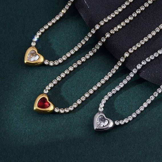 304 Женские ожерелья с подвеской в форме сердца из нержавеющей стали с кубическим цирконием, вакуумное покрытие pvd