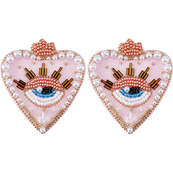 2Pcs Cloth Computerized Embroidery  Sew on Patches, Sequin Appliques, Costume Accessories, with Beads, Heart & Eye