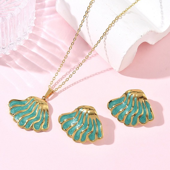 304 Stainless Steel Enamel Shell Shape Stud Earrings & Pendant Necklaces Sets for Women, Golden
