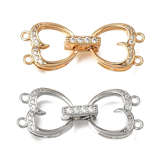 Heart Brass Micro Pave Clear Cubic Zirconia Fold Over Clasps, Nickel Free