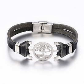 Leather Cord Bracelets, with 304 Stainless Steel Finding, Flat Round with Tree of Life