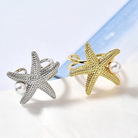 Латунные кольца-манжеты для женщин, морская звезда, с ABS имитации жемчуга, стойки покрытие, долговечный, без свинца и без кадмия