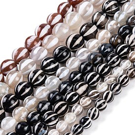 Tibetan Style dZi Beads Strands, Etched Line Natural Agate Beads, Dyed & Heated, Round with Striped Pattern