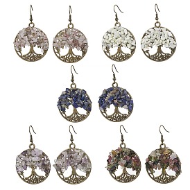 Natural Mixed Stone Dangle Earrings, with Alloy Pendants and Brass Earring Hooks