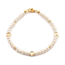Natural Cultured Freshwater Pearl Beaded Bracelets, with Brass Beads and 304 Stainless Steel Lobster Claw Clasps, Heart