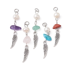 Gemstone Chip Pendants, Antique Silver Plated Alloy Wing Charms with Natural Cultured Freshwater Pearl Beads, Mixed Dyed and Undyed
