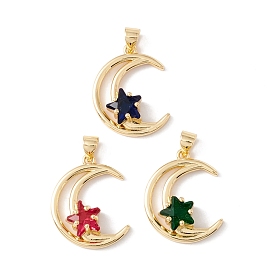 Rack Plating Brass Micro Pave Cubic Zirconia Pendants, Long-Lasting Plated, Cadmium Free & Lead Free, Moon & Star, Real 18K Gold Plated