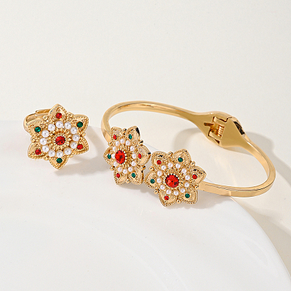 Комплекты из цветочных браслетов и колец из латуни с цветочными стразами для женщин