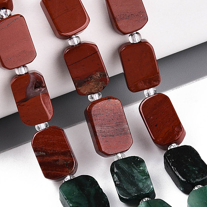 Нити бусин из натурального фуксита, красной яшмы и радужного лунного камня, прямоугольные