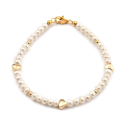 Natural Cultured Freshwater Pearl Beaded Bracelets, with Brass Beads and 304 Stainless Steel Lobster Claw Clasps, Heart