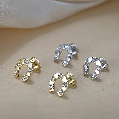 925 Sterling Silver U-Shaped Stud Earrings, with Clear Cubic Zirconia