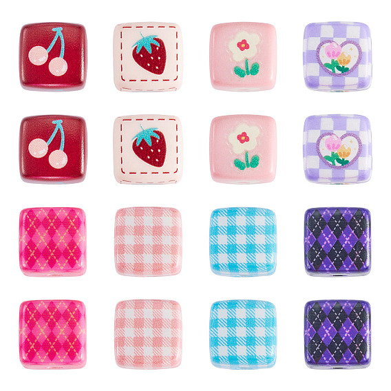 24 шт. 8 стили непрозрачные акриловые бусины с принтом, кубические