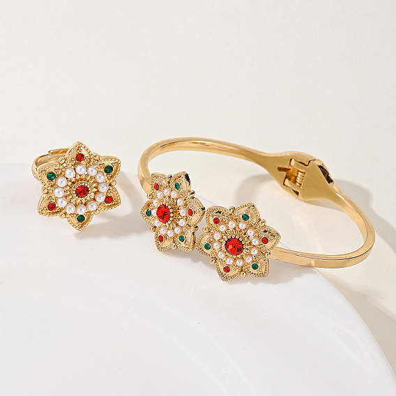Комплекты из цветочных браслетов и колец из латуни с цветочными стразами для женщин