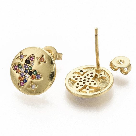 Brass Micro Pave Colorful Cubic Zirconia Stud Earrings, with Earring Backs, Flat Round with Sar, Real 16K Gold Plated