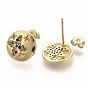 Brass Micro Pave Colorful Cubic Zirconia Stud Earrings, with Earring Backs, Flat Round with Sar, Real 16K Gold Plated