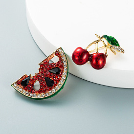 Alloy Oil Drop Inlaid Diamond Cherry Watermelon Brooch - Cute, Fashionable, Chest Flower Accessory.