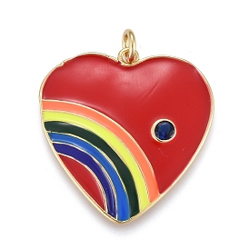 Brass Micro Pave Cubic Zirconia Pendants, with Enamel, Real 18K Gold Plated, Heart with Rainbow