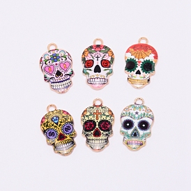 Alloy Enamel Charms, Cadmium Free & Lead Free, Sugar Skull, Light Gold