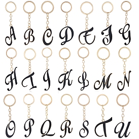 Light Gold Tone Plated Alloy Keychains, with Black Enamel, Alphabet