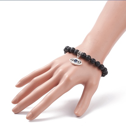 Natural Lava Rock Round Beaded Stretch Bracelet, Alloy Charm with Resin Evil Eye Bracelet for Women