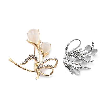 Сплава брошь, со стеклянной имитацией кошачьего глаза и стразами