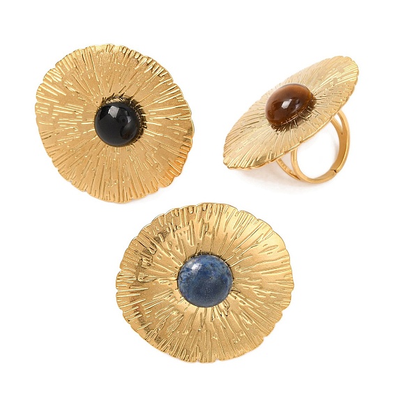 Круглые кольца на палец из натуральных драгоценных камней, плоские круглые золотистые тона 304 манжеты из нержавеющей стали для женщин