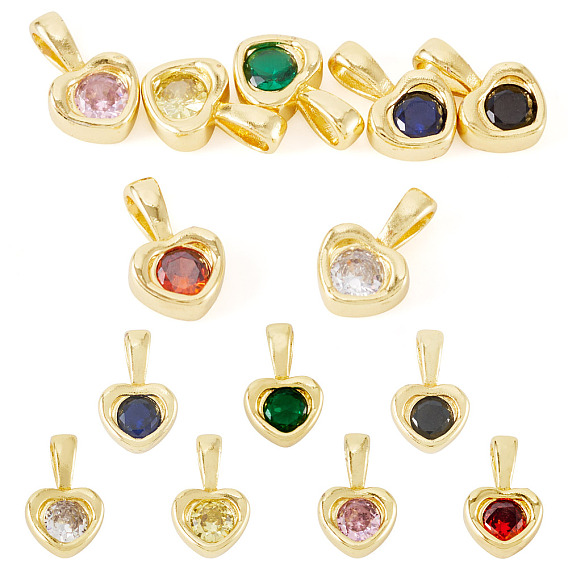 7pcs 7 couleurs laiton avec breloques en oxyde de zirconium, cœur, or