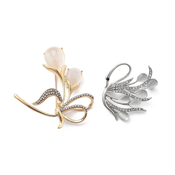 Сплава брошь, со стеклянной имитацией кошачьего глаза и стразами