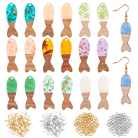 DIY 10Pairs Fish Earring Making Kits, Including 10 Colors Resin & Walnut Wood Pendants, Brass Earring Hooks & Jump Rings