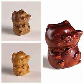 Lucky Cat Wooden Carving Display Decorations, Home Office Crafts Ornaments