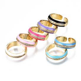 Brass Micro Pave Clear Cubic Zirconia Cuff Rings, Open Rings, with Enamel, Nickel Free, Golden