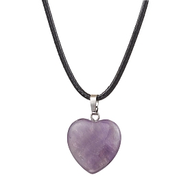 Natural Amethyst Heart Pendant Neckalces, Imitation Leather Cord Necklaces