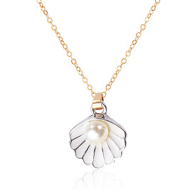 304 Stainless Steel Necklaces, Shell Shape, with Alloy Enamel & ABS Plastic Imitation Pearl Pendants, Golden