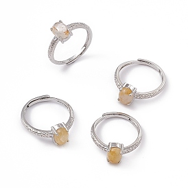 Oval Natural Rutilated Quartz Adjustable Rings, Platinum Tone Brass Finger Rings for Women