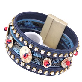 Chic Mixed Metal Rhinestone Leather Magnetic Clasp Bracelet for Women