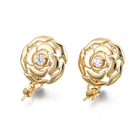 Brass Micro Pave Cubic Zirconia Stud Earring Findings, with 925 Sterling Silver Pins and Cup Peg Bails, for Half Drilled Bead, Cadmium Free & Nickel Free & Lead Free, Flower